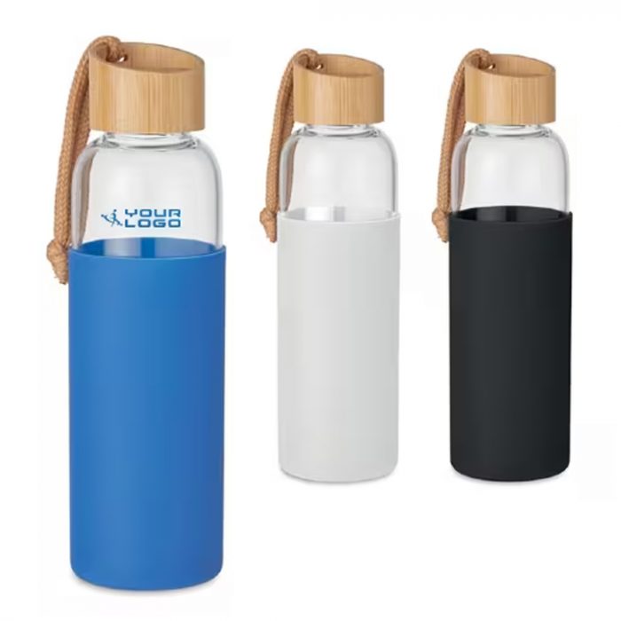 Bouteille en Verre avec Pochette Silicone et Couvercle Bambou