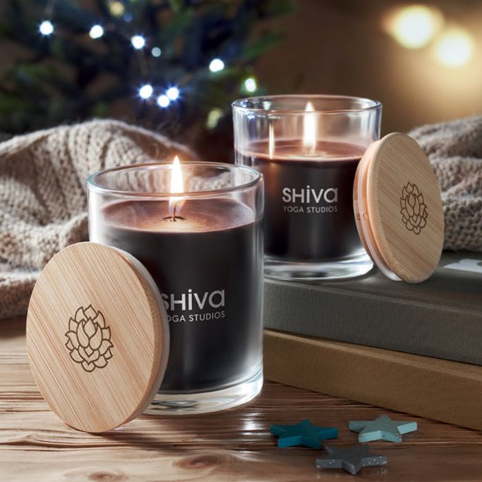 Bougie parfumée à la vanille en verre avec couvercle bambou