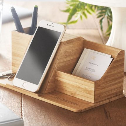 Organisateur de bureau en bambou avec chargeur sans fil