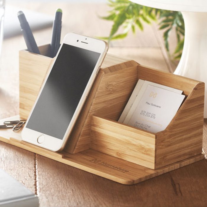 Organisateur de bureau en bambou avec chargeur sans fil