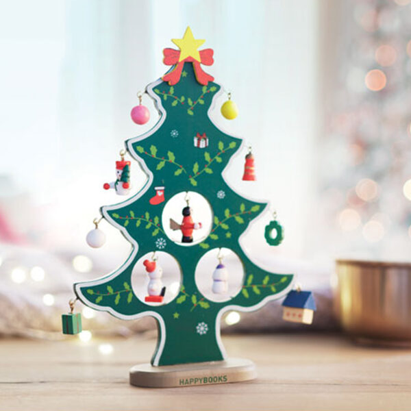 Sapin de Noël en bois avec 12 décorations – Image 1