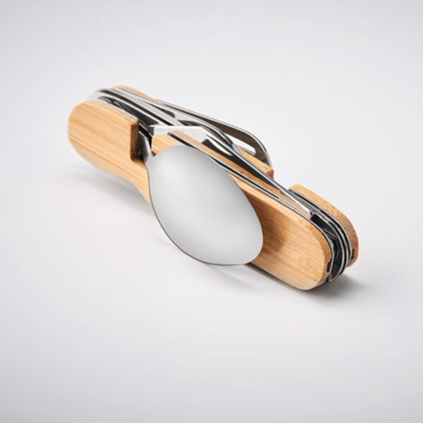 Set de Couverts Pliables Multifonctions en Métal avec Boîtier en Bois – Image 1