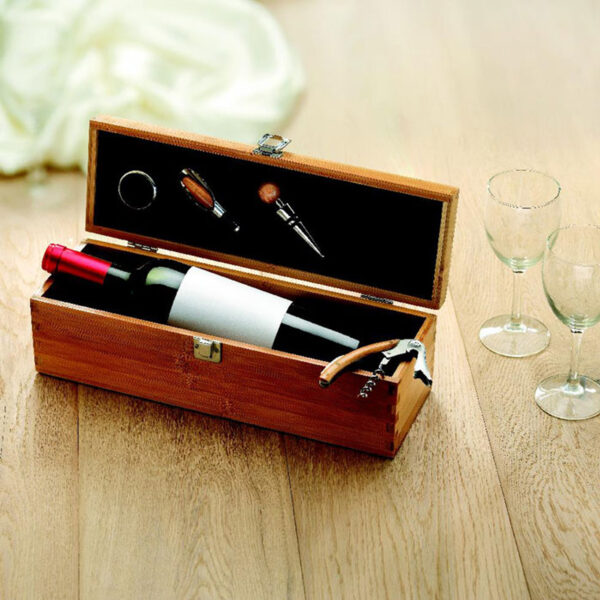 Boîte cadeau en bambou pour bouteille de vin et accessoires – Image 1