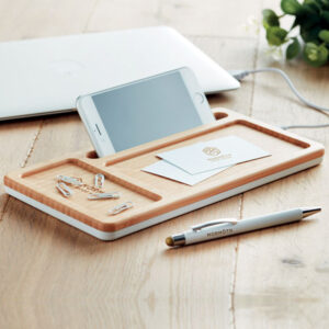 Chargeur sans fil en bambou avec compartiments