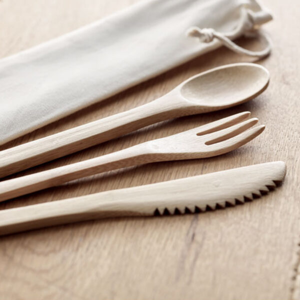 Couverts en bambou réutilisables avec pochette en toile – Image 1