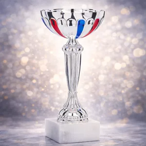 Coupe trophée argentée avec touches bleu et rouge