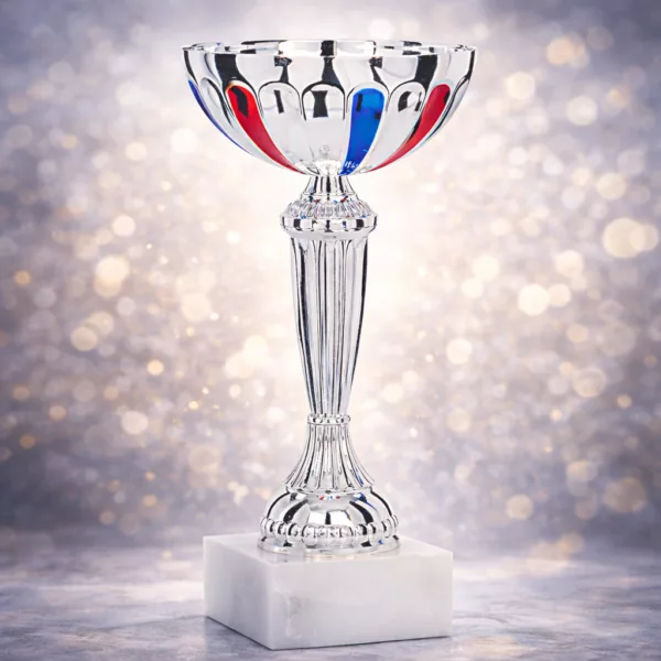 Coupe trophée argentée avec touches bleu et rouge – Image 1