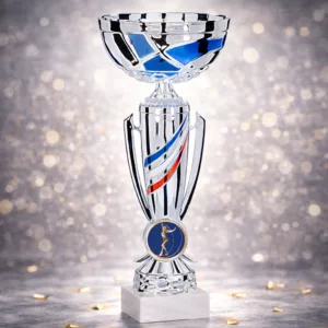 Coupe sportive argentée avec touches bleu et rouge – Emplacement pastille